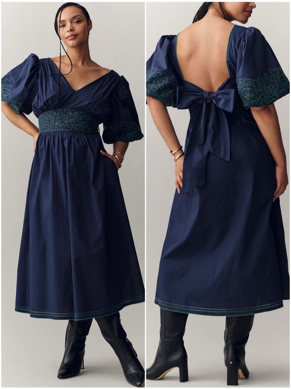 Anthropologie Coquette Embroidered Puff Sleeve Tie Back Midi Dress XL NWT Fall